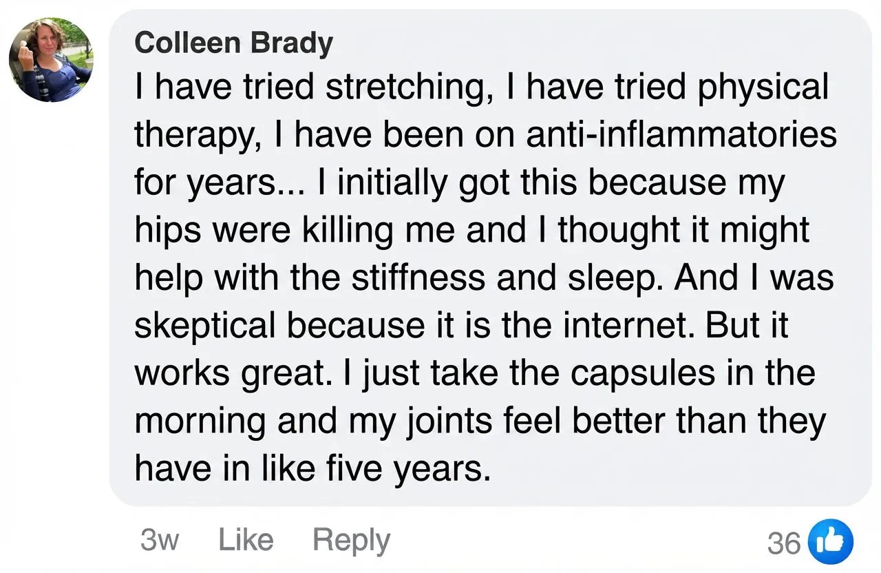 Facebook comment from Colleen Brady about joint relief with Vasozi