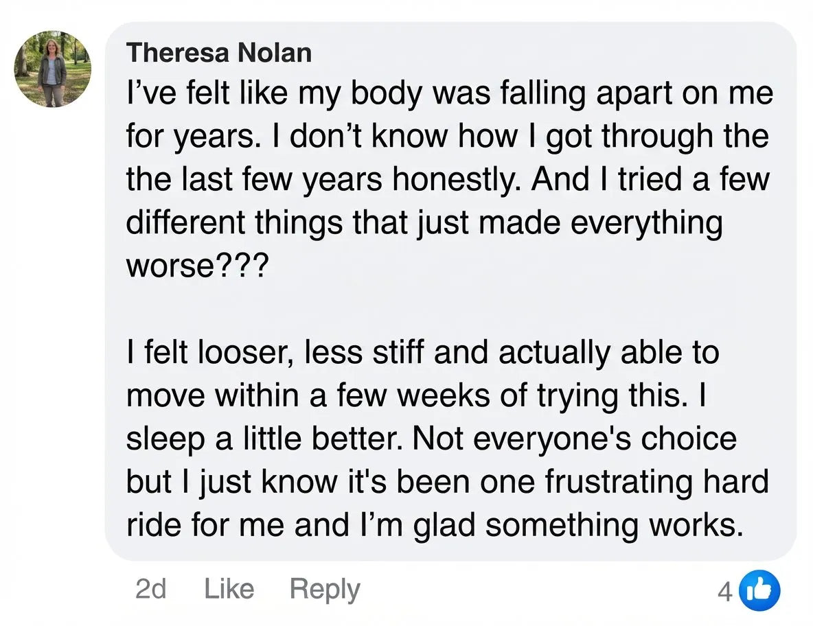 Facebook comment from Theresa Nolan about joint relief with Vasozi