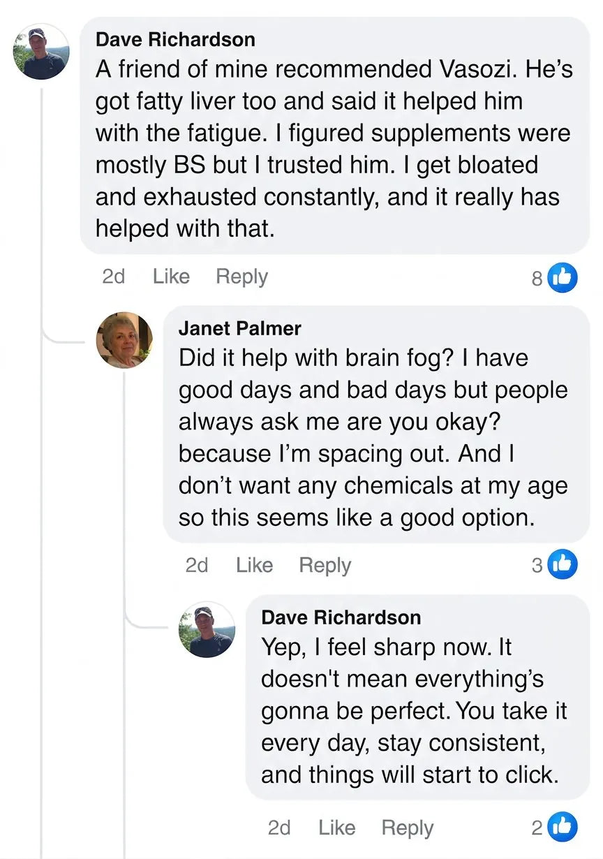 Facebook comment from Dave Richardson about liver support with Vasozi