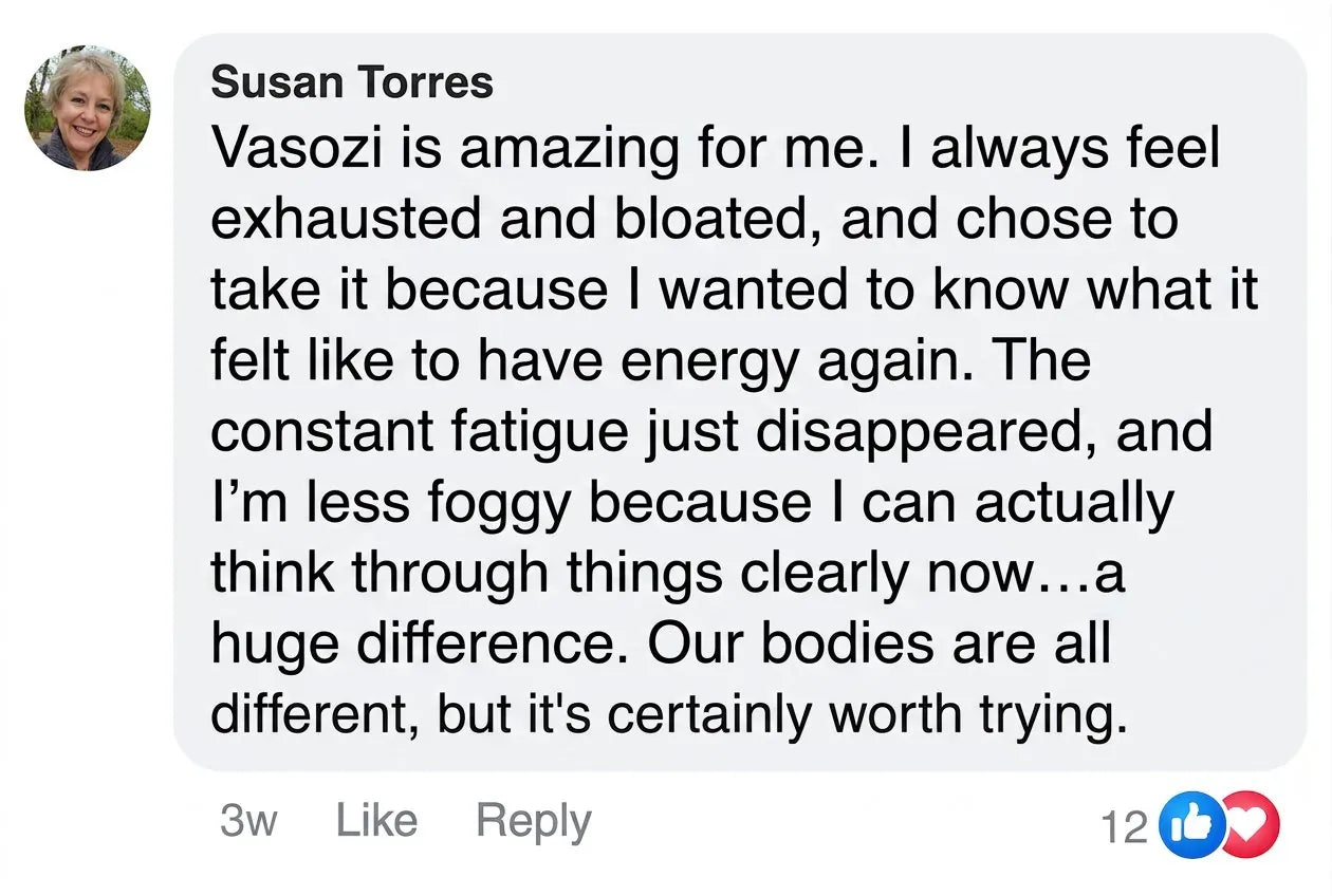 Facebook comment from Susan Torres about liver support with Vasozi