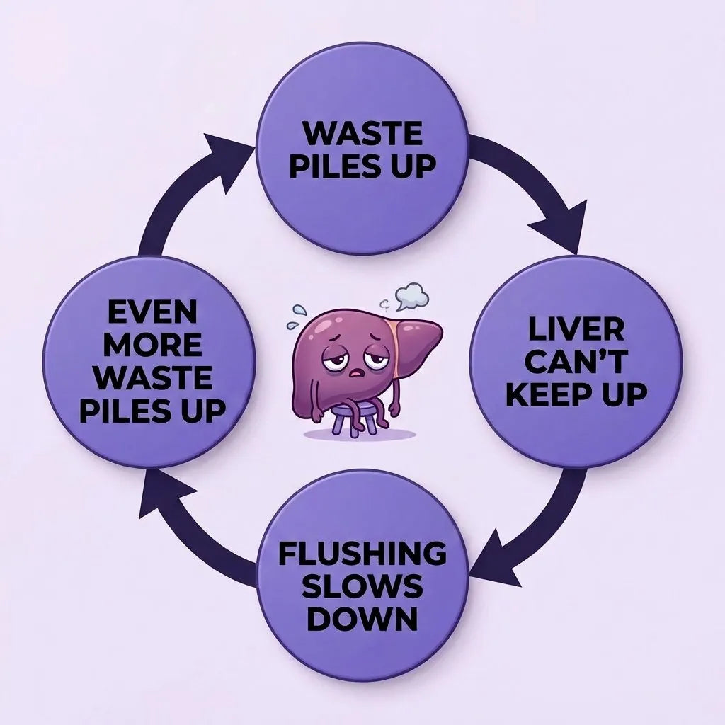 Cycle diagram: Damaged Cells &rarr; Sluggish Bile &rarr; Waste Buildup &rarr; More Cell Damage