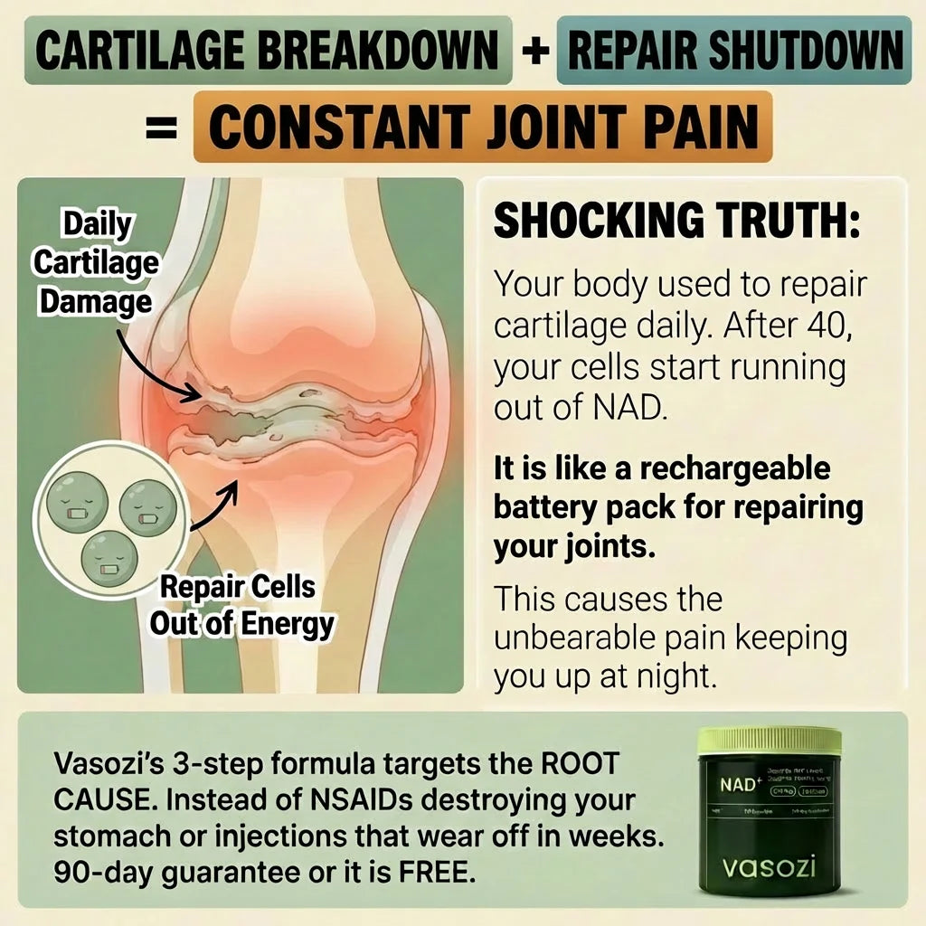 Equation infographic: Cartilage Breakdown + Repair Shutdown = Constant Joint Pain