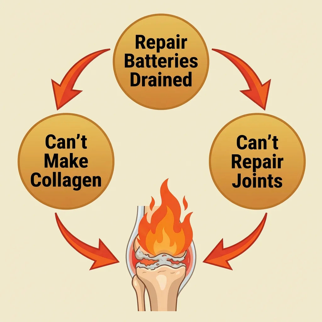 Vicious cycle diagram: Repair Batteries Drained → Can't Make Collagen + Can't Repair Joints